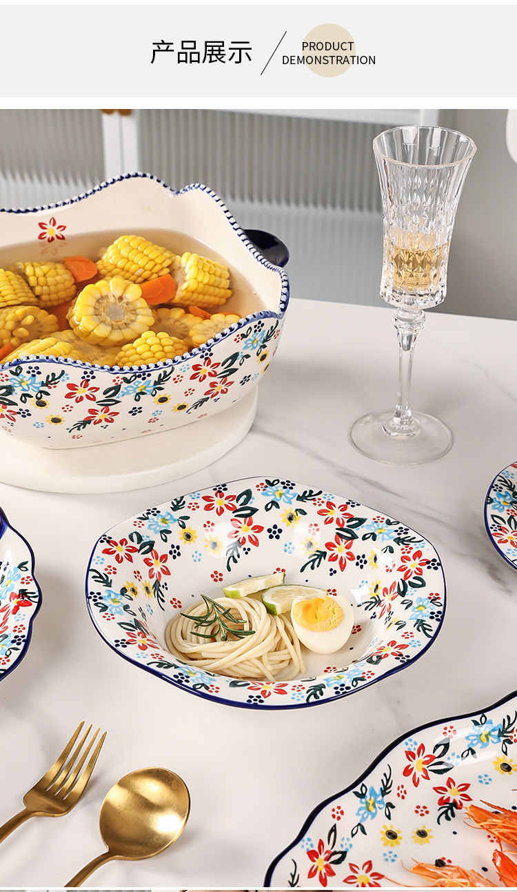 【7650People Collection】Foreign Trade Export Hand-painted Ceramic Bowl Plate Set Household Dining Bowl High-end Noodle Bowl Large Double-ear Soup Bowl with Lid