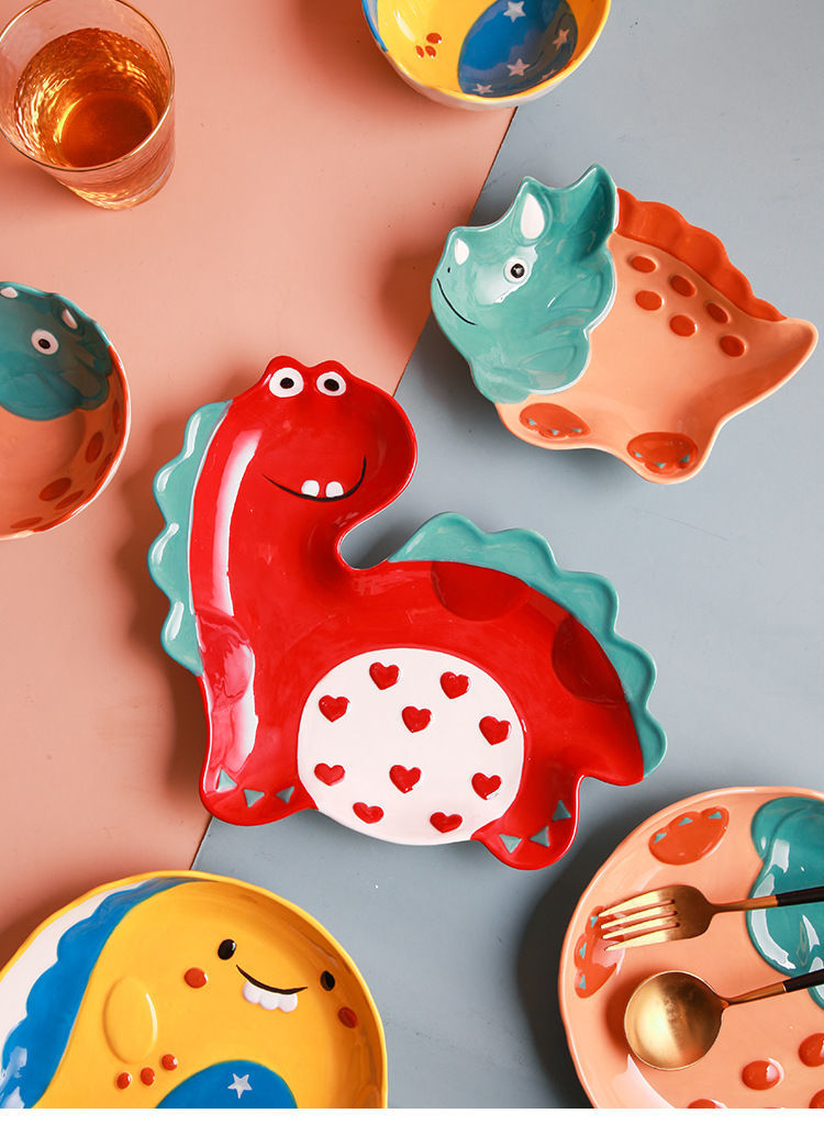 【4098People Collection】Aimeihui Cartoon Creative Dinosaur Shaped Bowl Household Children's Tableware Hand-painted Underglaze Craft Microwave Safe