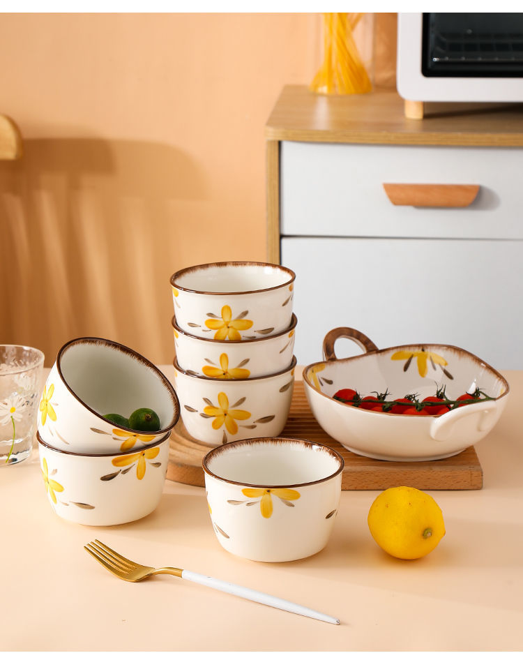 【HTK2388People】Campanula Flower for One Person Bowl Dish Suit Home Cartoon4Person Bowls, Plates, and Chopsticks Trending Creative Couple Pairs2Human Tableware
