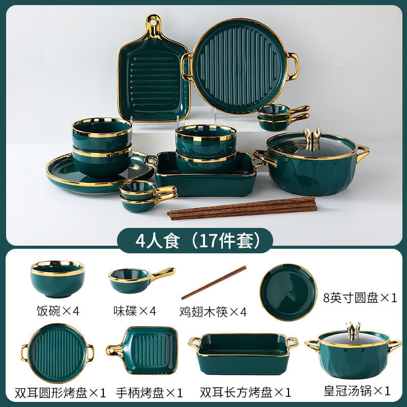 【1.5Ten Thousand People Collection】Light Luxury Nordic Ceramic Tableware Electroplating Golden Edge round Baking Bowl High-End Gift Binaural Square Plate Internet Celebrity Baking Tray Suit