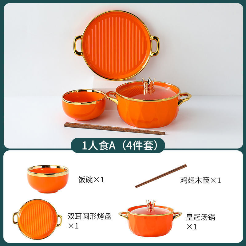 【1.5Ten Thousand People Collection】Light Luxury Nordic Ceramic Tableware Electroplating Golden Edge round Baking Bowl High-End Gift Binaural Square Plate Internet Celebrity Baking Tray Suit