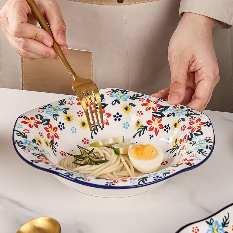 【7650People Collection】Foreign Trade Export Hand-painted Ceramic Bowl Plate Set Household Dining Bowl High-end Noodle Bowl Large Double-ear Soup Bowl with Lid
