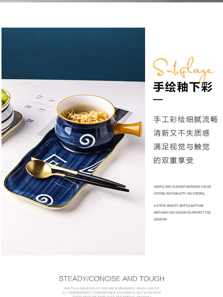 【1717People Collection】Soup Bowl Japanese Style Milk Pot Breakfast Tableware Bowl and Plate Set for One Person Single Set Exquisite Bowl and Chopsticks Household