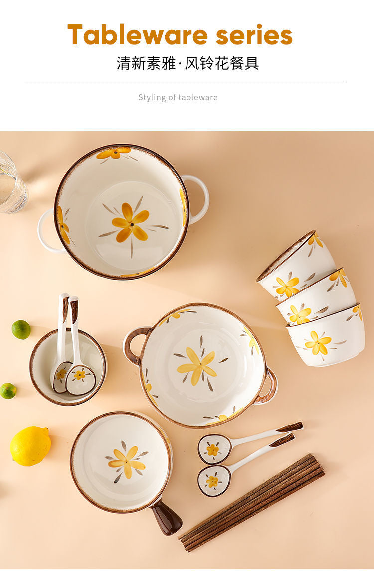 【HTK2388People】Campanula Flower for One Person Bowl Dish Suit Home Cartoon4Person Bowls, Plates, and Chopsticks Trending Creative Couple Pairs2Human Tableware
