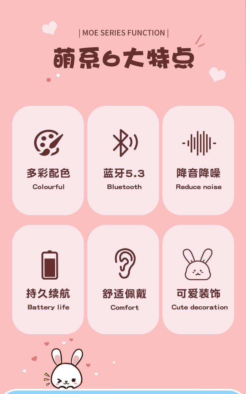 2025New Cute Bunny Wireless Bluetooth Headphones with Deep Bass and High-Quality Sound, Compatible with Apple and Huawei