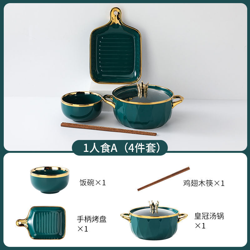 【1.5Ten Thousand People Collection】Light Luxury Nordic Ceramic Tableware Electroplating Golden Edge round Baking Bowl High-End Gift Binaural Square Plate Internet Celebrity Baking Tray Suit