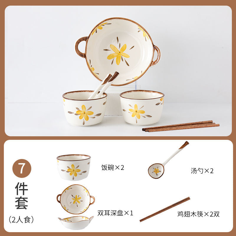 【HTK2388People】Campanula Flower for One Person Bowl Dish Suit Home Cartoon4Person Bowls, Plates, and Chopsticks Trending Creative Couple Pairs2Human Tableware