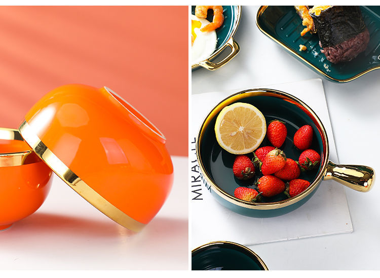 【1.5Ten Thousand People Collection】Light Luxury Nordic Ceramic Tableware Electroplating Golden Edge round Baking Bowl High-End Gift Binaural Square Plate Internet Celebrity Baking Tray Suit