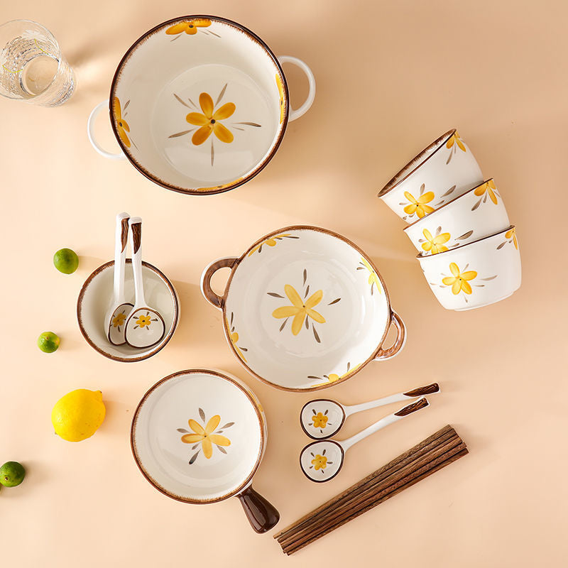 【HTK2388People】Campanula Flower for One Person Bowl Dish Suit Home Cartoon4Person Bowls, Plates, and Chopsticks Trending Creative Couple Pairs2Human Tableware
