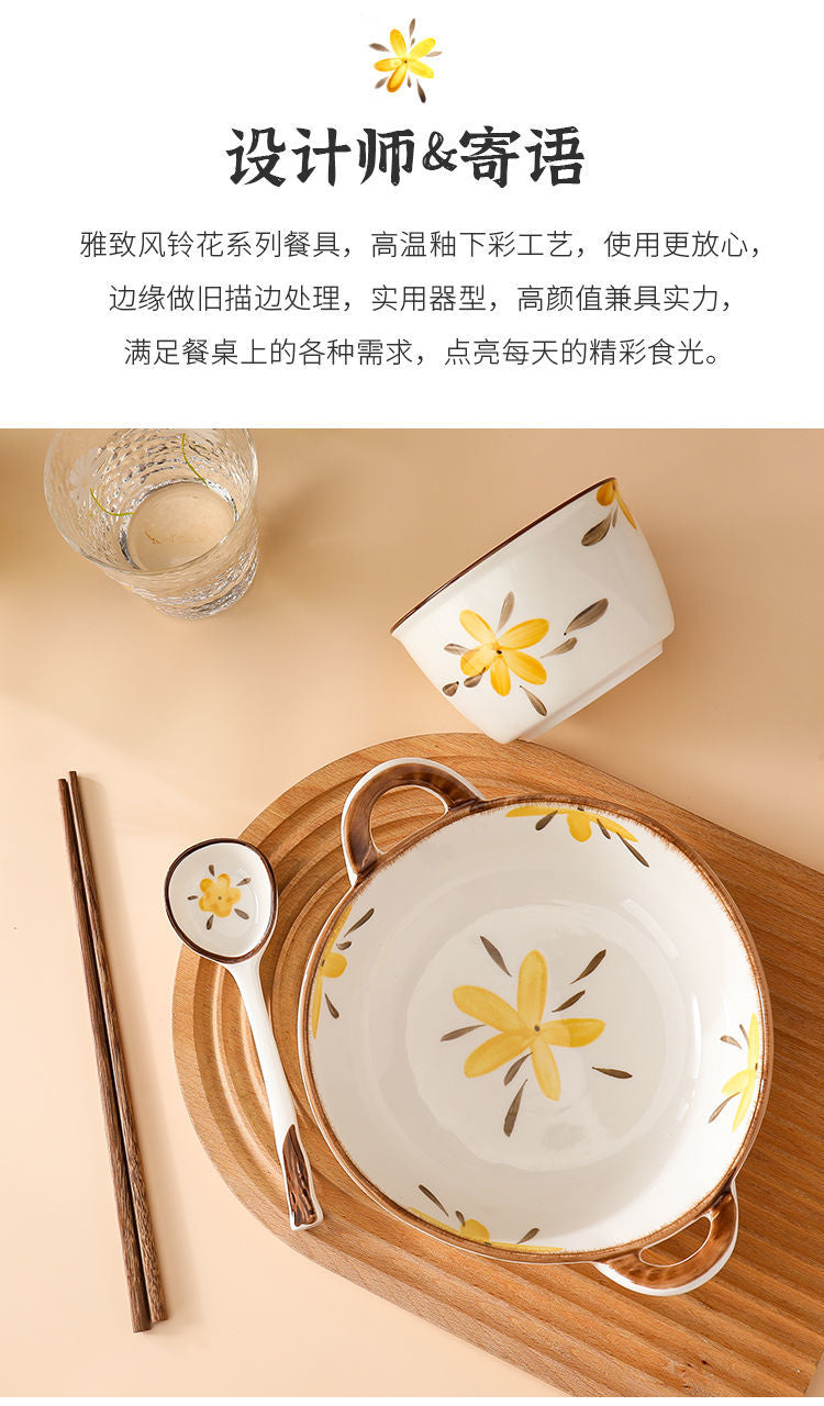 【HTK2388People】Campanula Flower for One Person Bowl Dish Suit Home Cartoon4Person Bowls, Plates, and Chopsticks Trending Creative Couple Pairs2Human Tableware