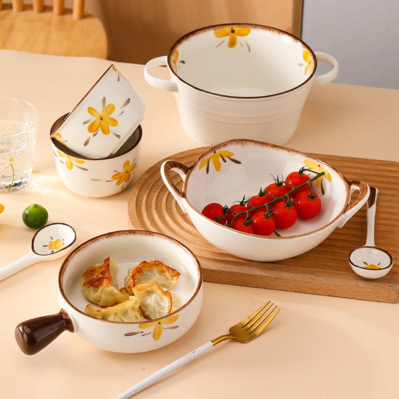 【HTK2388People】Campanula Flower for One Person Bowl Dish Suit Home Cartoon4Person Bowls, Plates, and Chopsticks Trending Creative Couple Pairs2Human Tableware