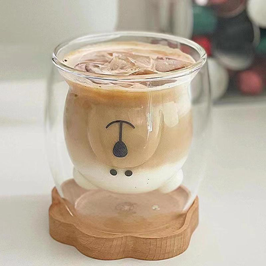 【2857People Collection】Heat-Resistant Double-Layer Insulated Glass Cup Bear Creative Internet Celebrity Glass Cup Cute Coffee Cup Milk Juice Household