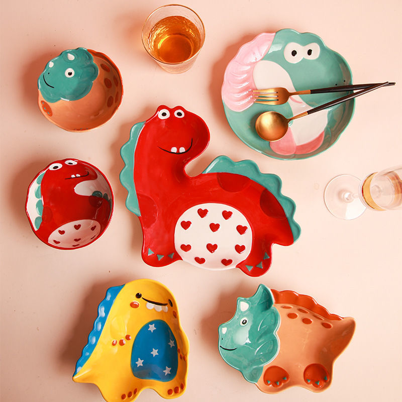 【4098People Collection】Aimeihui Cartoon Creative Dinosaur Shaped Bowl Household Children's Tableware Hand-painted Underglaze Craft Microwave Safe