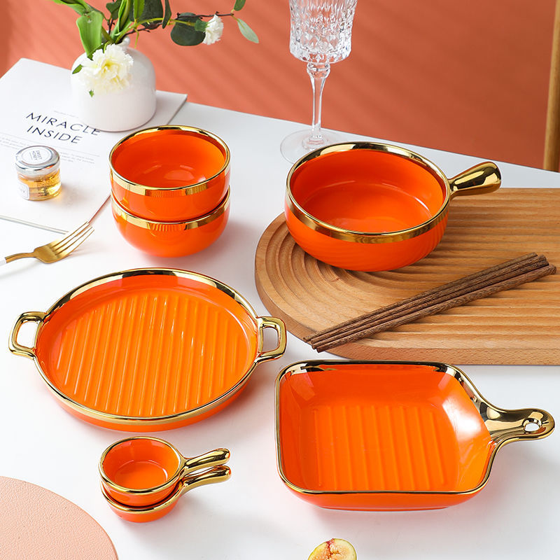 【1.5Ten Thousand People Collection】Light Luxury Nordic Ceramic Tableware Electroplating Golden Edge round Baking Bowl High-End Gift Binaural Square Plate Internet Celebrity Baking Tray Suit