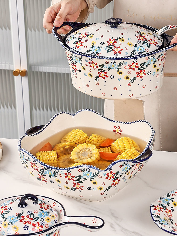 【7650People Collection】Foreign Trade Export Hand-painted Ceramic Bowl Plate Set Household Dining Bowl High-end Noodle Bowl Large Double-ear Soup Bowl with Lid