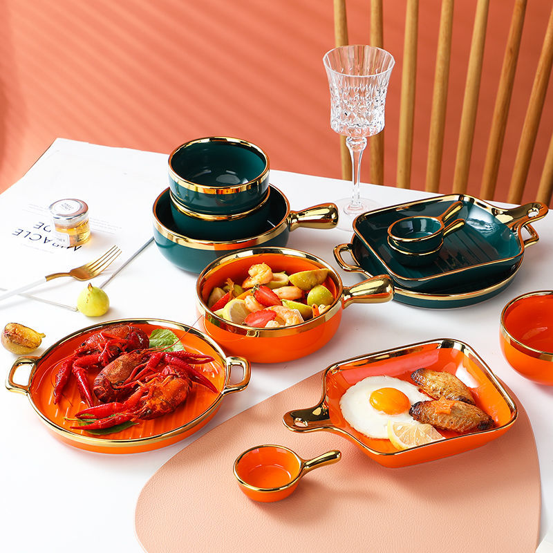【1.5Ten Thousand People Collection】Light Luxury Nordic Ceramic Tableware Electroplating Golden Edge round Baking Bowl High-End Gift Binaural Square Plate Internet Celebrity Baking Tray Suit
