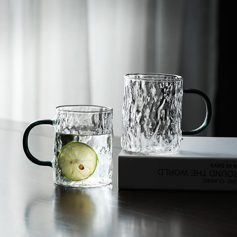 【Heat-resistant Ice Cup】New Thickened Glacier Pattern Glass Cup Water Cup Juice Drink Cup Summer Style with Handle Household Transparent Cup Light Luxury in