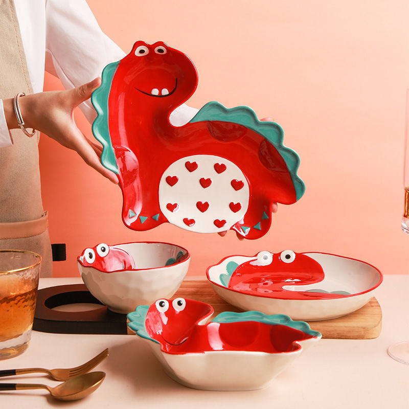【4098People Collection】Aimeihui Cartoon Creative Dinosaur Shaped Bowl Household Children's Tableware Hand-painted Underglaze Craft Microwave Safe