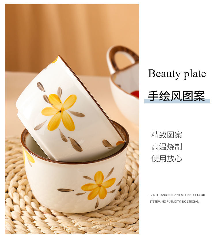 【HTK2388People】Campanula Flower for One Person Bowl Dish Suit Home Cartoon4Person Bowls, Plates, and Chopsticks Trending Creative Couple Pairs2Human Tableware
