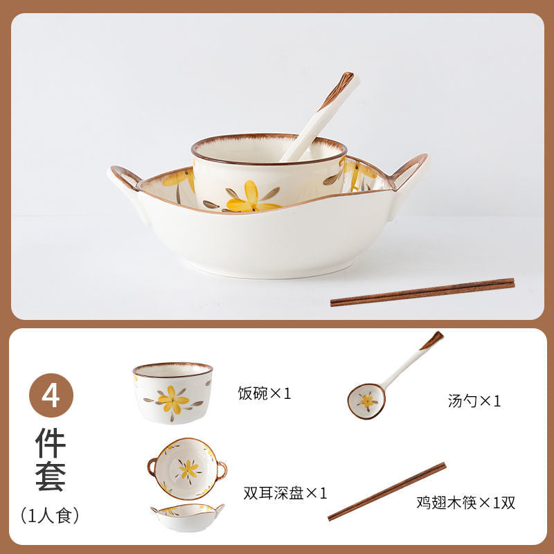 【HTK2388People】Campanula Flower for One Person Bowl Dish Suit Home Cartoon4Person Bowls, Plates, and Chopsticks Trending Creative Couple Pairs2Human Tableware