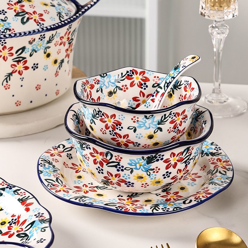 【7650People Collection】Foreign Trade Export Hand-painted Ceramic Bowl Plate Set Household Dining Bowl High-end Noodle Bowl Large Double-ear Soup Bowl with Lid