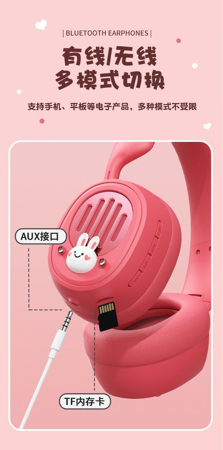 2025New Cute Bunny Wireless Bluetooth Headphones with Deep Bass and High-Quality Sound, Compatible with Apple and Huawei
