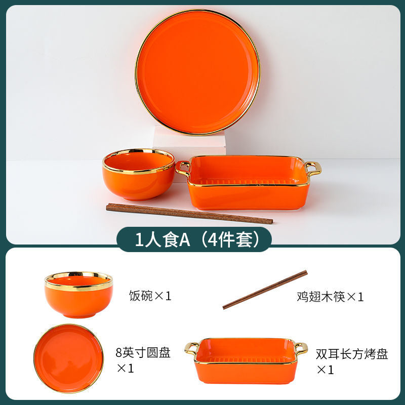 【1.5Ten Thousand People Collection】Light Luxury Nordic Ceramic Tableware Electroplating Golden Edge round Baking Bowl High-End Gift Binaural Square Plate Internet Celebrity Baking Tray Suit
